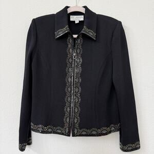 ST. JOHN EVENING by Marie Gray Embellished Knit Jacket Black Zip Front USA